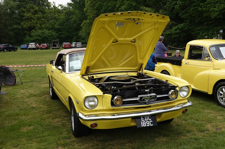 Classic yellow car with the bonnet up and engine on display